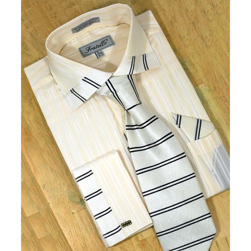 Fratello Cream And Black Stripes Shirt/Tie/Hanky Set DS3732P2